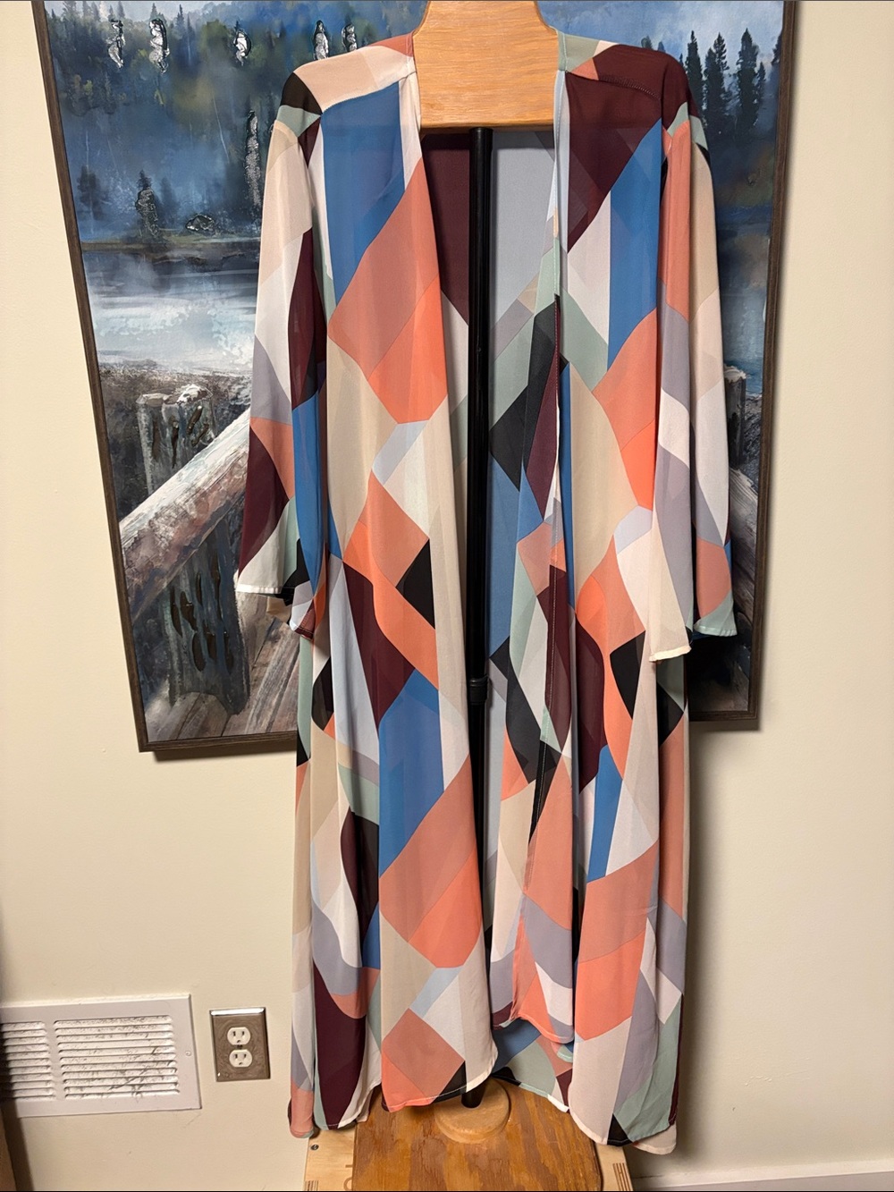 torrid Geometric Open-Front Duster in Coral, Blue & Cream